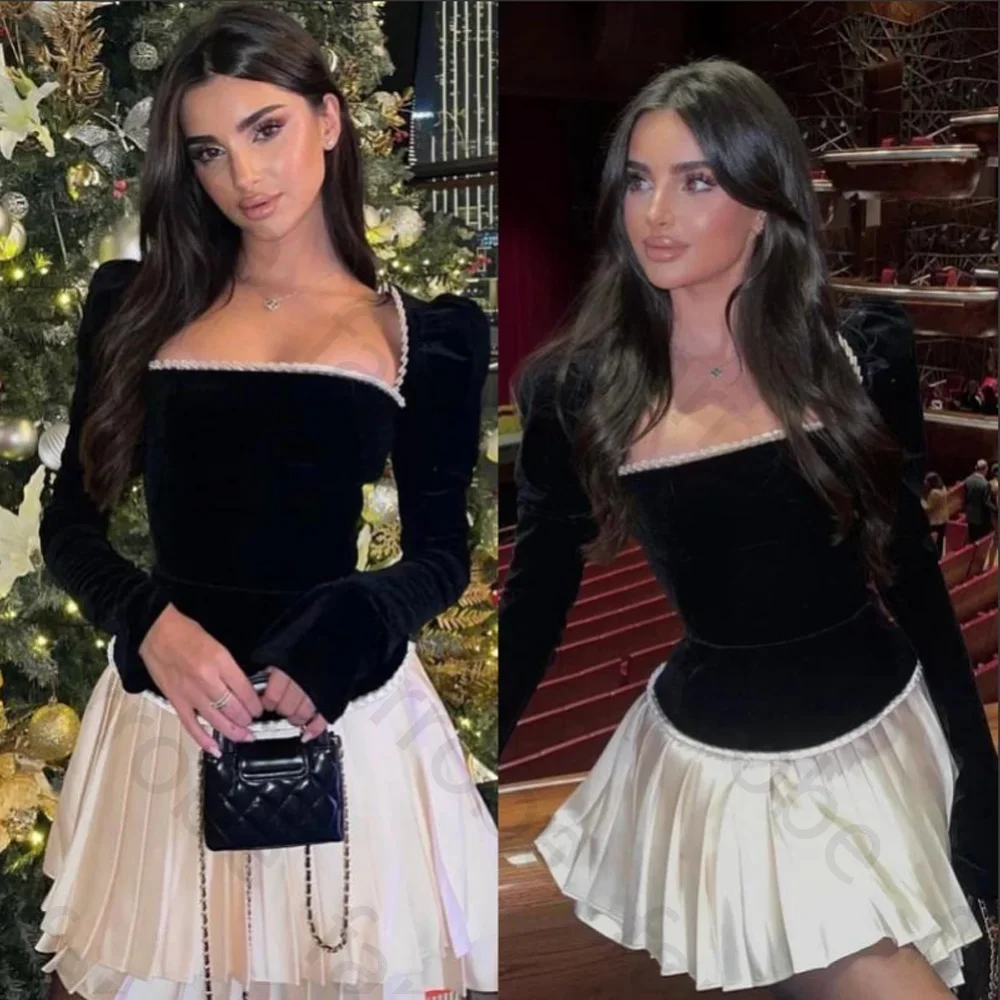 

Customized Vintage Velour Prom Dresses Long Sleeves Short Cocktail Dress Pleat Ruched Mini Homecoming Dresses Party Gown Women