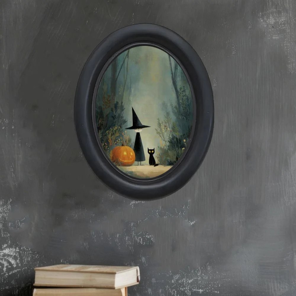 A 3D Vintage Halloween Witch and Black Cat in the Forest Wall Art Mural - Handmade Wooden Animal Decoration, Oval Design, Suitable for Halloween, Christmas, Thanksgiving, Home and Office Decoration, Nostalgic Room Decor