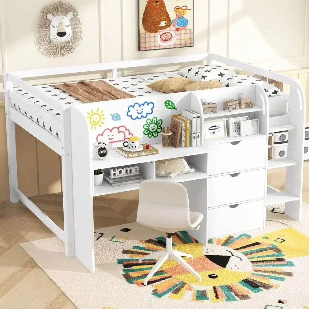 Low Loft Bed with Integrated Desk, Storage Cabinet, Open Bookcase & Whiteboard for Kids (White)