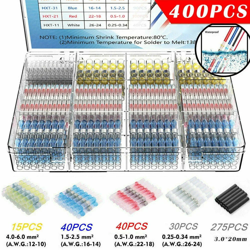 

400PCS Solder Seal Sleeve Heat Shrink Butt Wire Connectors Terminal Waterproof Kit Insulated Wire Connector Terminal Kit