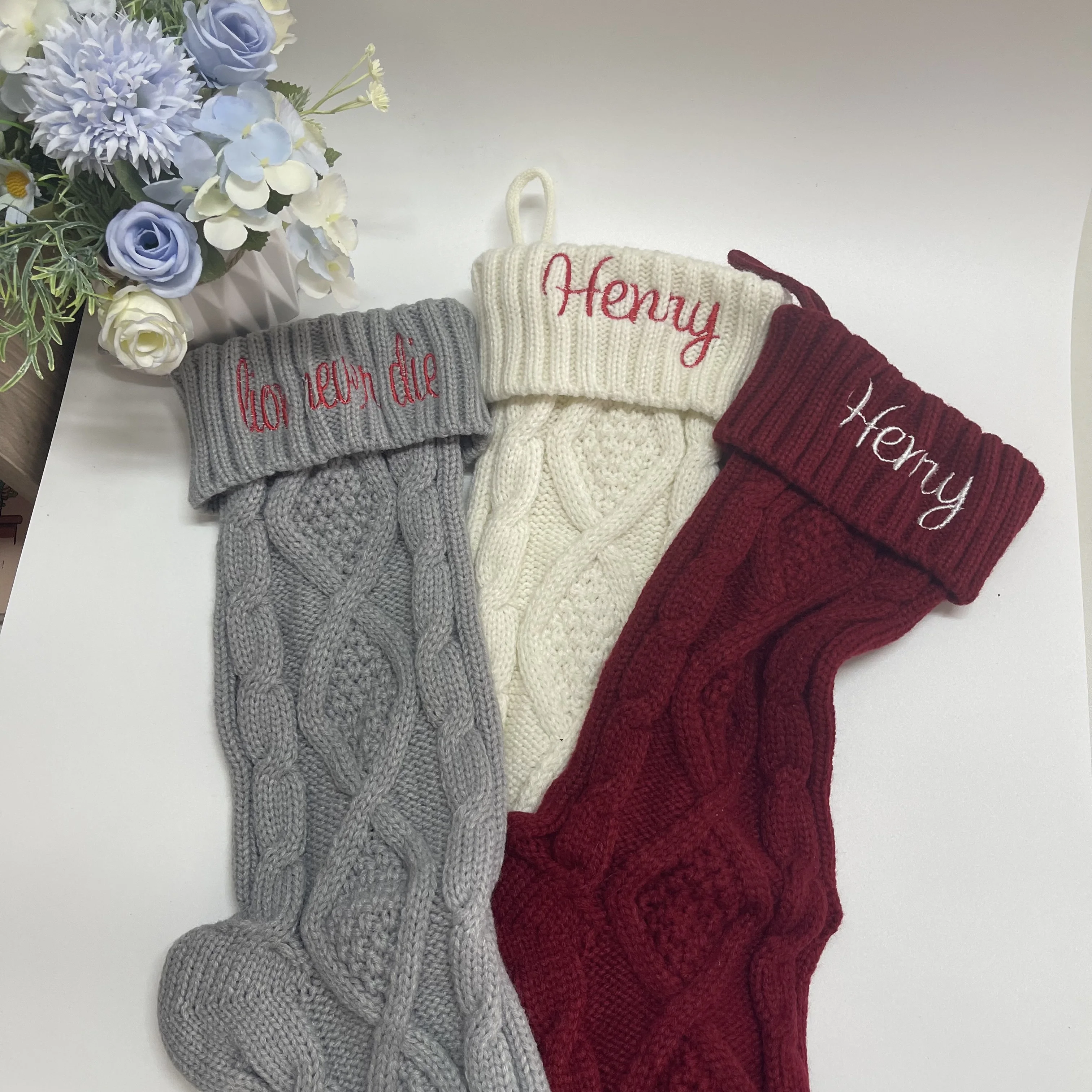 Custom Knitted Wool Household Wall Decoration Socks Kids Candy Bags Personalized Embroidered Name Christmas Stocking Gift Socks