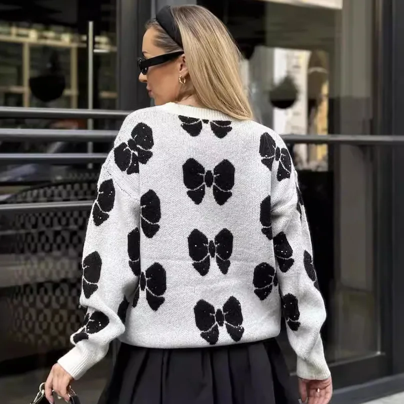 나비 프린트 유럽 및 미국 라운드 넥 니트 스웨터, 가을 및 겨울 소매, 루즈 캐주얼 여성 상의
