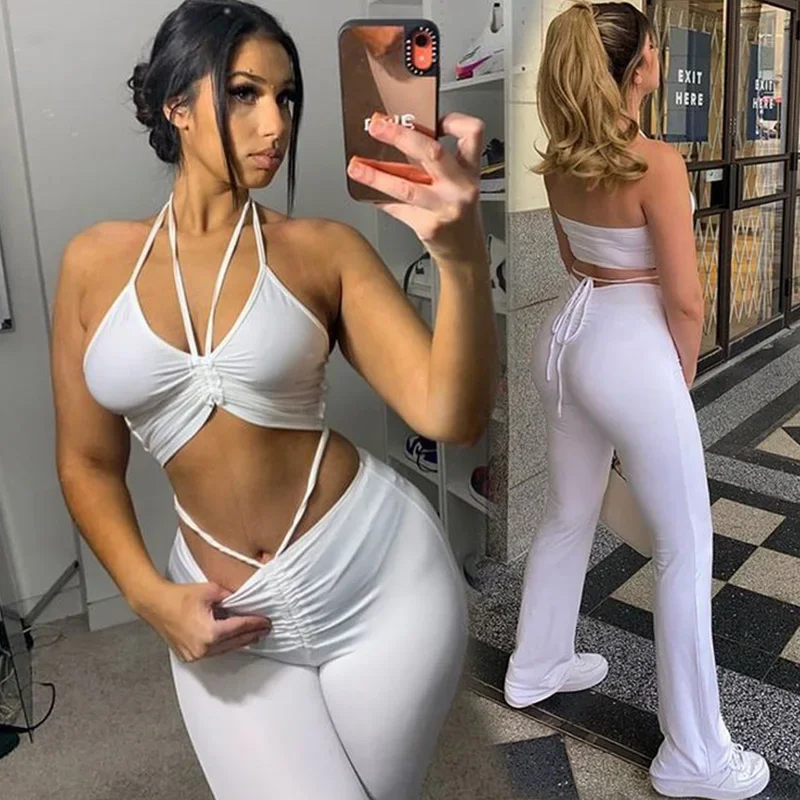 

Сексуальные комплекты из двух предметов, наряды для ночного клуба для женщин, укороченный топ на бретельках и брюки на шнурке, спортивные одинаковые комплекты для фитнеса для бега