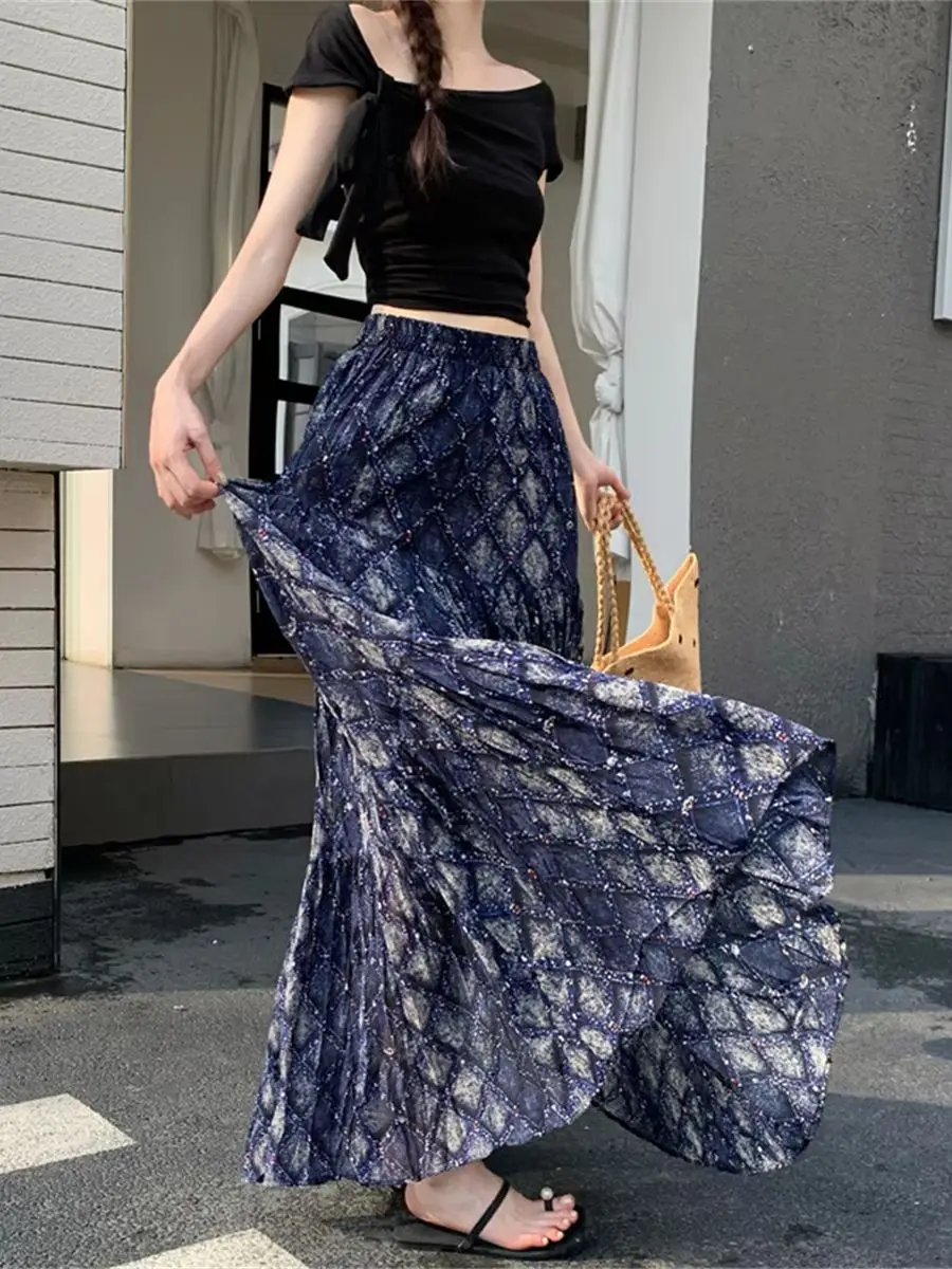 

Summer New Arrival Bohemian Vacation Plaid Printed Chiffon Skirt For Women Elegant High Waist Big Swing A-line Full Skirts