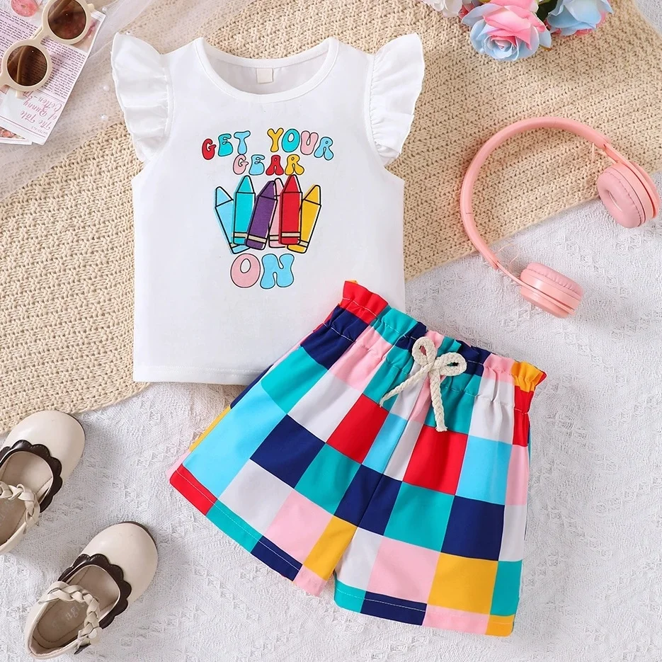 

2PCS Summer Girls Outfit Checker Heart Print Ruffle Sleeve Top + Shorts For School Outdoor Kids Girls Clothes 2 3 4 5 6 7 Years