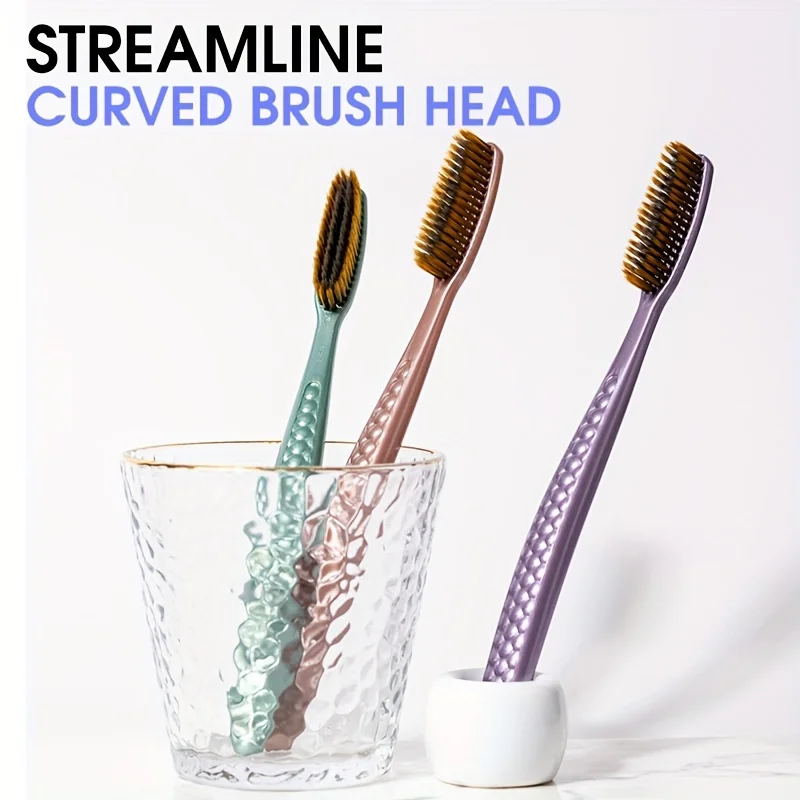 5PCS Soft Hair Toothbrush Set with Curved Extended Brush Head for Deep Oral Cleaning in 5 Colors for Adults