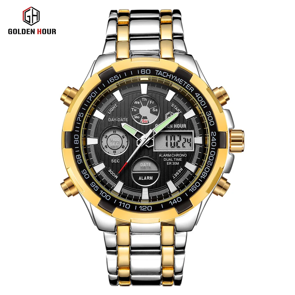GOLDEN HOUR Top Brand Luxury Men Watches Business Casual Quartz Dual Display Luminous Watch With Chronoraph Date Wristwatch