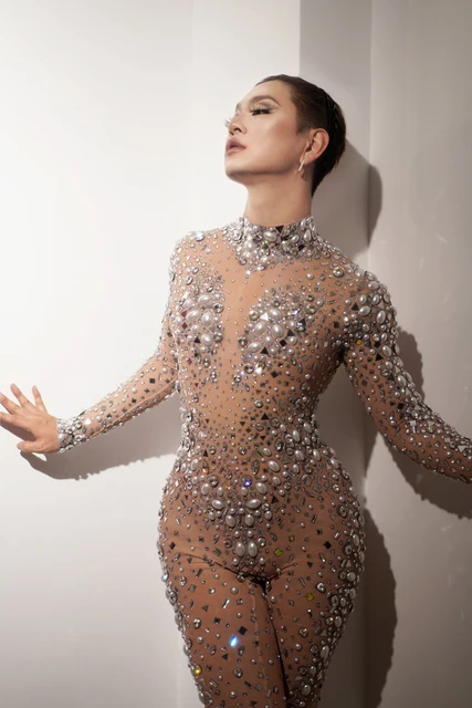 Świecący dżetów Stretch przezroczysty kombinezon wieczór urodziny strój do świętowania Sexy tancerz body legginsy
