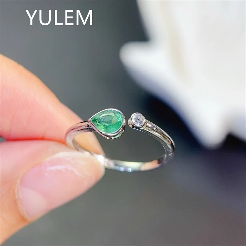 YULEM Silver 925 Ring with Natural Emerald Water Drop Simple Desin for Women Daily Wear