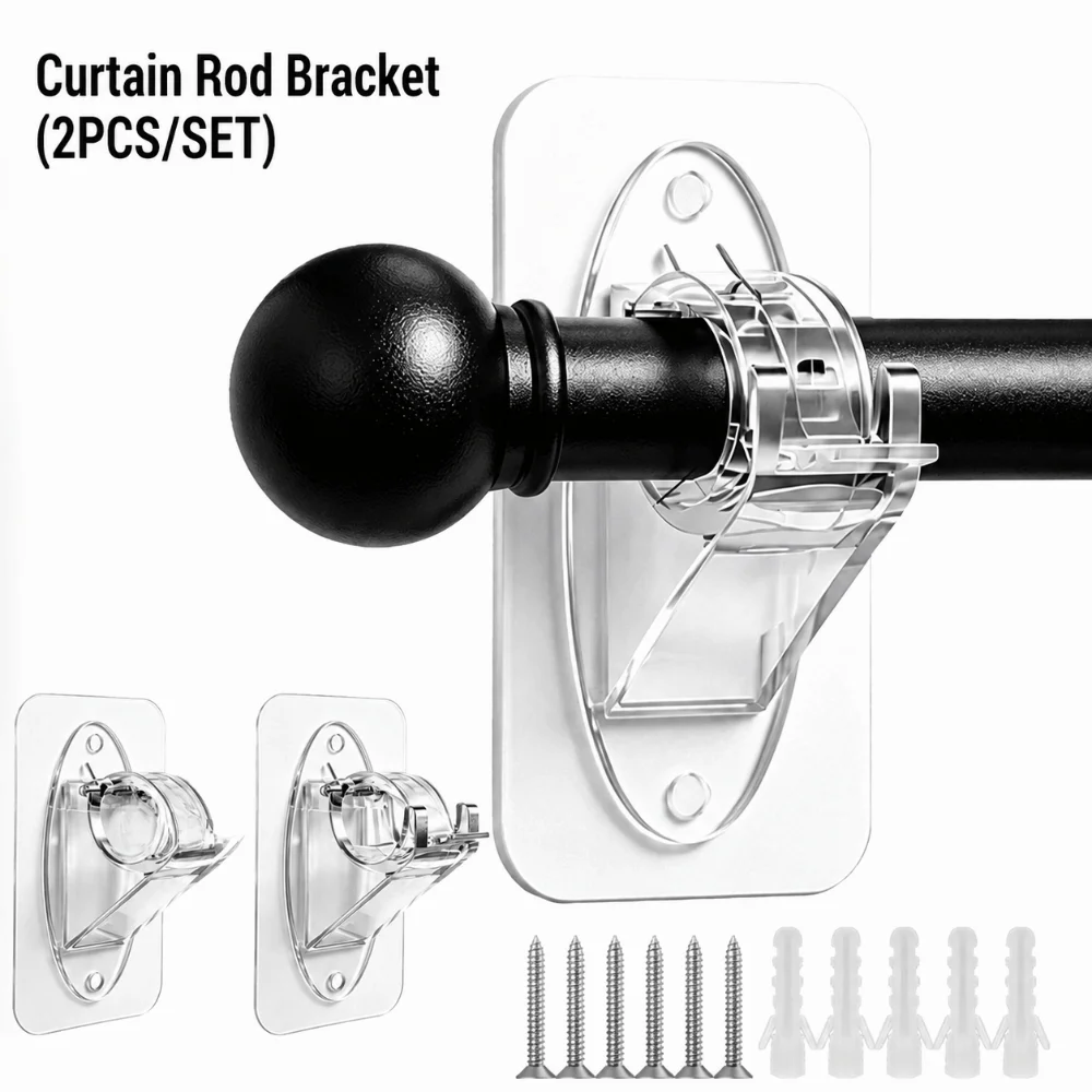 2pcs/set No Drill Curtain Rod Brackets Adhesive & Screw Dual Use Heavy Duty Curtain Support Hooks Adhesive Curtain Holders