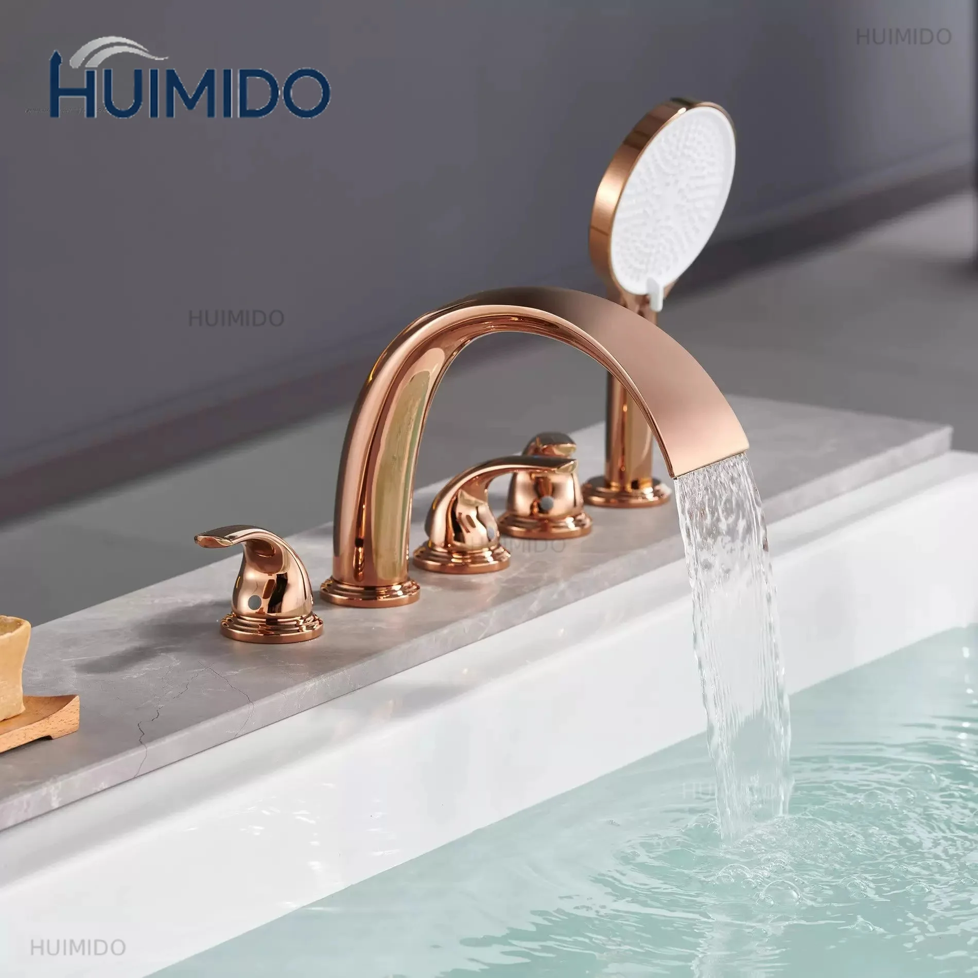 Full copper rose gold five-hole bathtub faucet hot and cold water split tank side large flow waterfall