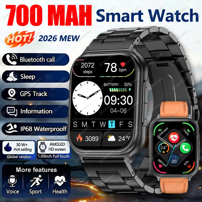 New BOXUXING Men Sports Smart Watch 1.83-Inch AMOELD HD Screen Heart Rate IP68 Waterproof GPS Track Bluetooth Call Smartwatches