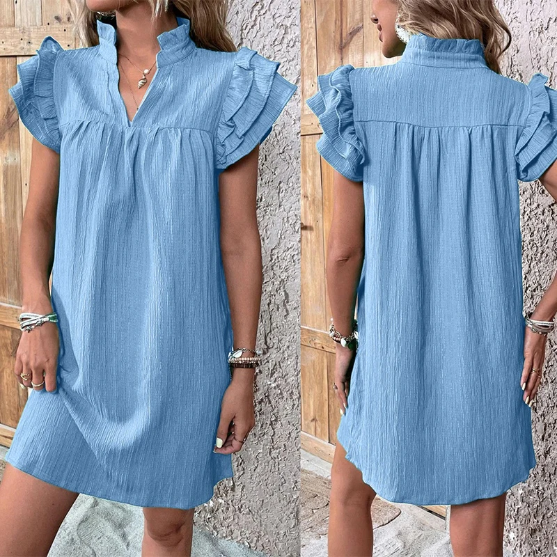 

Solid Women's Summer Mini Dress Fashion Multi Layered Ruffle Sleeve V-Neck Sundress Pullover Green Solid Short Dresses Vestidos