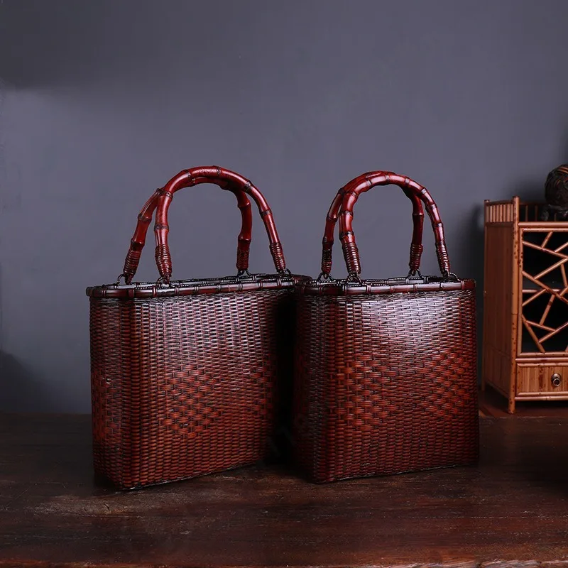 Women Handwoven Bamboo Basket Handbag Summer Portable Tote Bag Handmade Bamboo Craft Beach Casual Daily Storage Bag