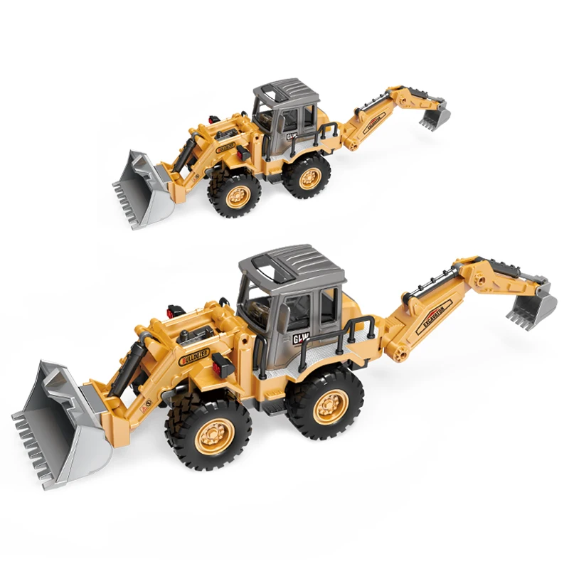 2 Sizes Simulation 2in1 Bulldozer Excavator Vehicle Double Forklift Alloy Toys Diecast Engineering Truck Construction Boys Gifts