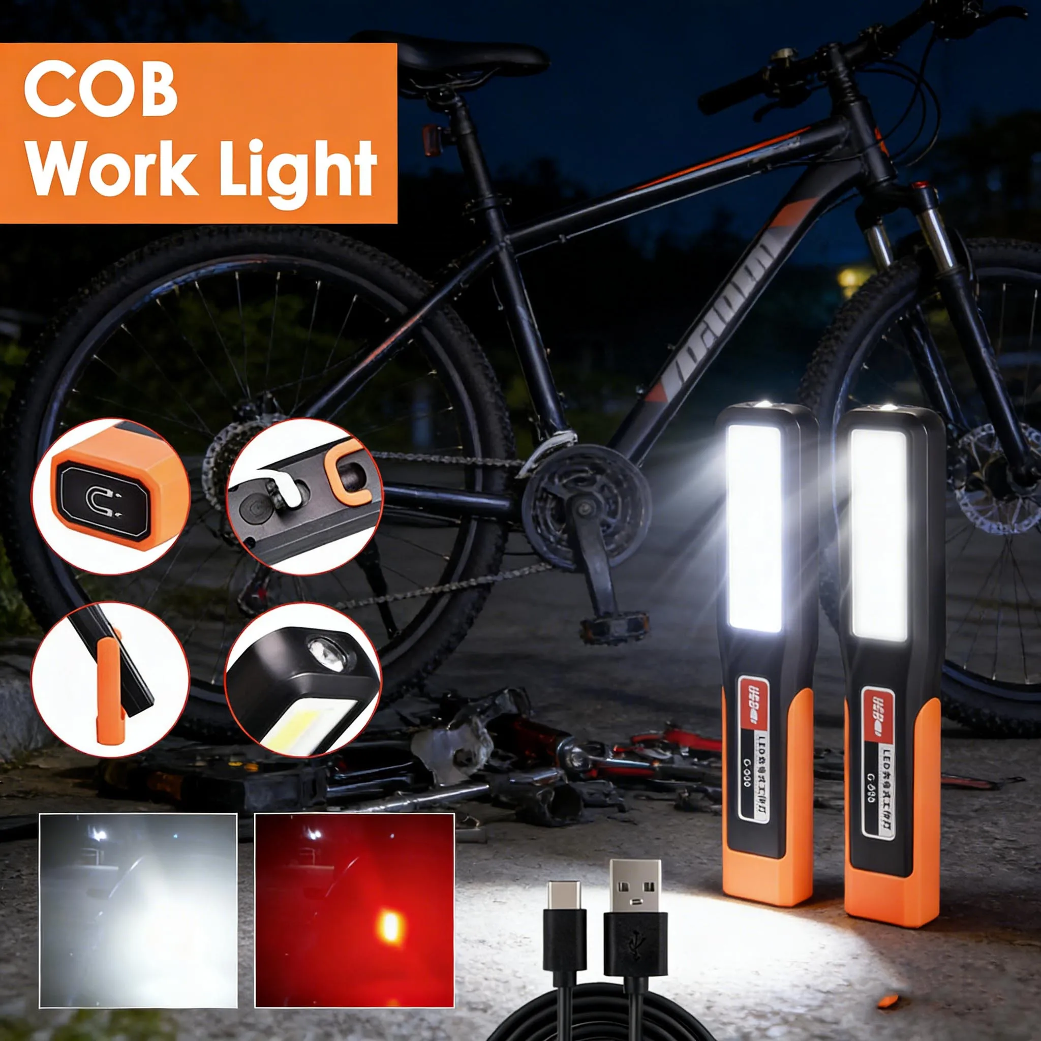 

Мощный светодиодный рабочий фонарь с магнитом, фонарик для автомобиля, гаража, механика, с USB-зарядкой, COB-лампа, аварийный свет, сигнальная лампа