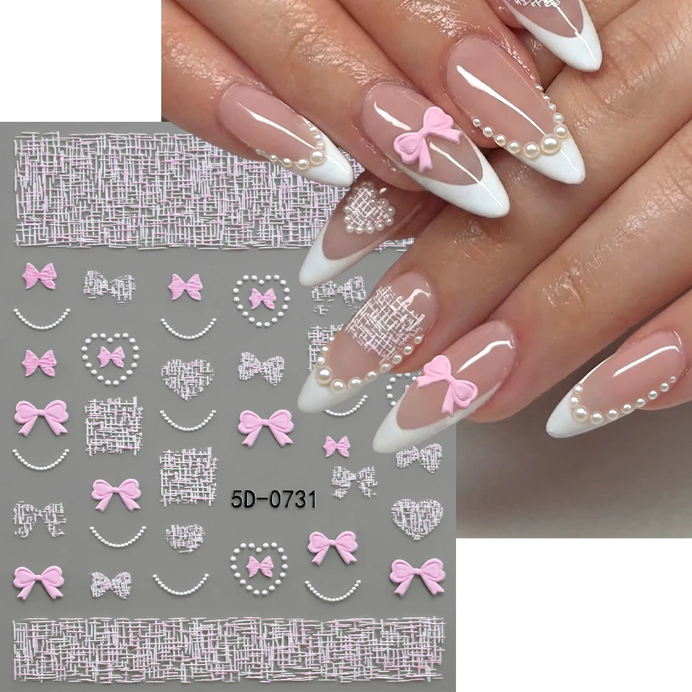 1/2Pcs 5D Pink White Knitting Bow Heart Nail Stickers Elegant French Pearl Line Plaid Nails Decal Sweet Checkered Manicure Decor
