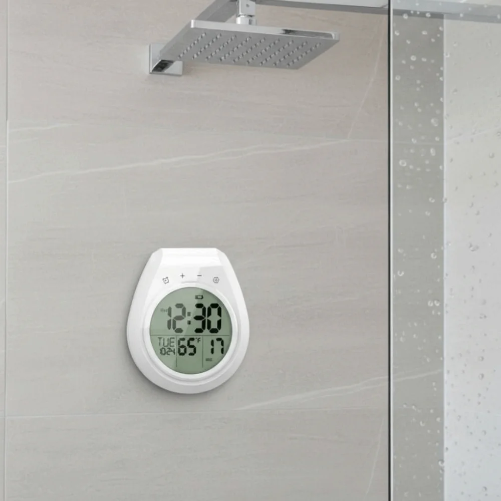 Waterproof Digital Shower Clock Anti Fog Suction Cup Kitchen Timing Alarm Clock Temperature and Date Display 12/24 Hour Format