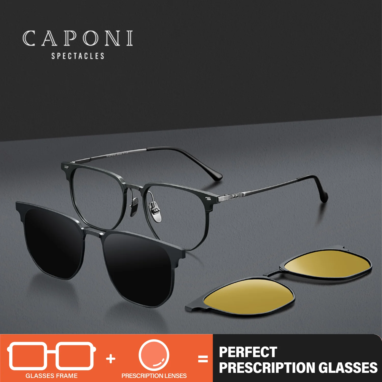 CAPONI Magnetic Men Glasses Polarized Night Vision Clip Combine 3 In 1 Eyeglasses Frame Classic Anti Blue Light Glasses PJ23169