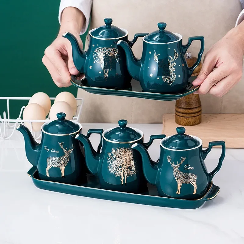 Nordic Emerald Ceramic Oil Bottle Set Creative Gold-painted Elk Vinegar Pot Home Restaurant Cooking Tools Kitchen Supplies