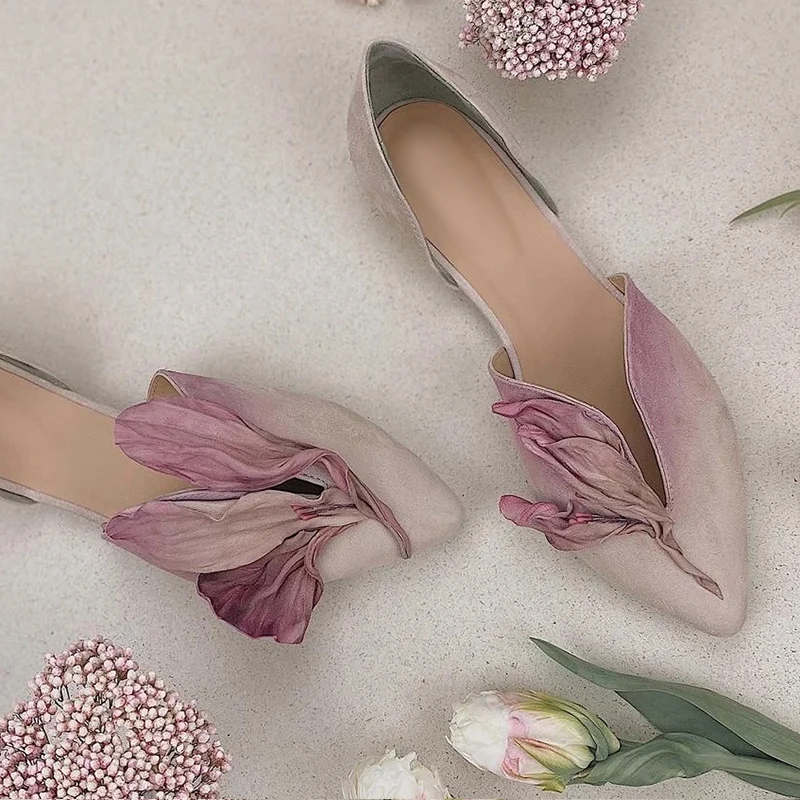 

Gradient Purple Green Suede Leather Vintage Flower Petal Flats Shoes Pointed Toe Side Cutout Mules Women Spring Single Shoes