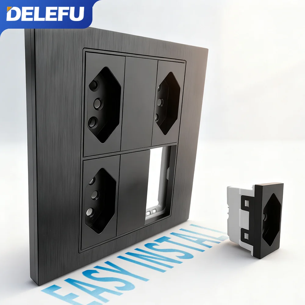 DELEFU 4x4 アルミワイヤーパネル ブラジル規格コンセント ダブルUSB Type-C 壁コンセント ライトスイッチ オフィス ブラック 10A 20A