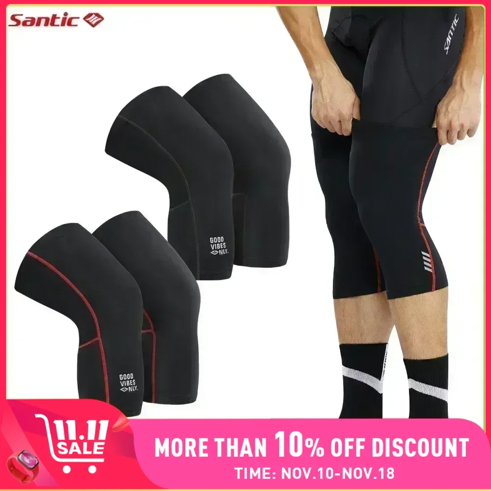 Santic Cycling Knee Pads Winter Thermal Fleece Windproof Knee Sleeve Outdoor Sports Leg Warmers MTB Bike Bicycle Protective Gear