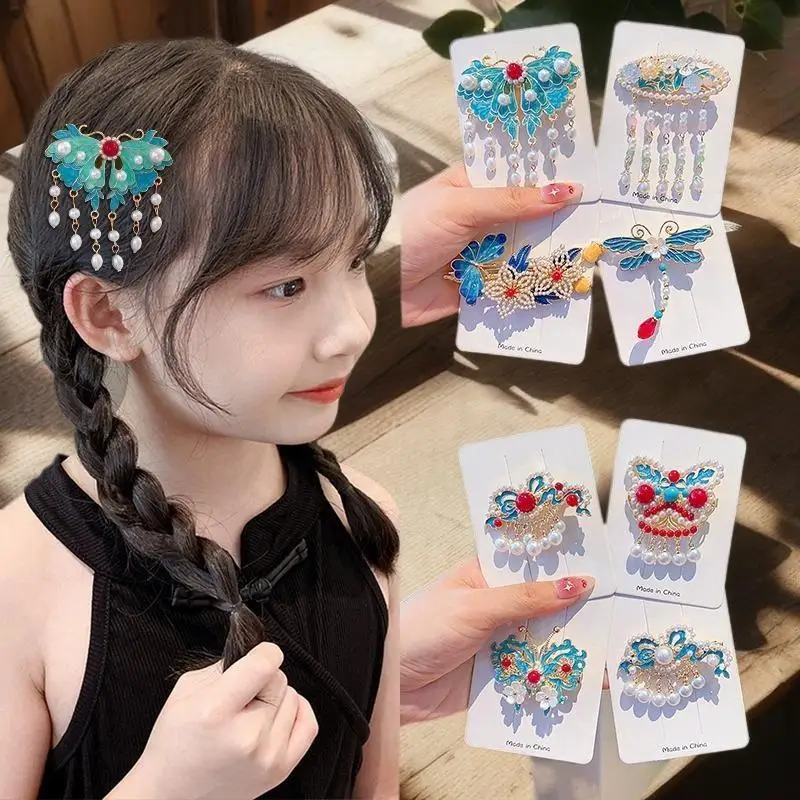 1 قطعة النمط الصيني للأطفال زهرة مشبك شعر Hanfu غطاء الرأس الفتاة حلية شعر شرابة الأطفال دبوس الشعر إكسسوارات الشعر