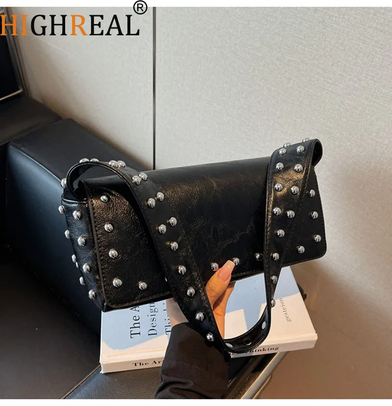 

New Punk Rivet Women Shoulder Bag High Quality PU Leather Underarm Bags for Women Handbags and Purses Studded Pillow Bags Clutc
