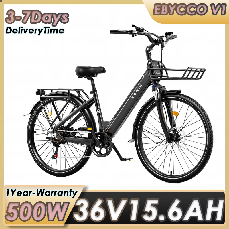 Bicicletta elettrica V1, coppia motore 45 N.M, motore potenziato da 500 W, batteria a lunga durata da 36 V e 15,6 Ah, freni a disco doppi, pneumatici da 28 pollici, bicicletta elettrica da città,