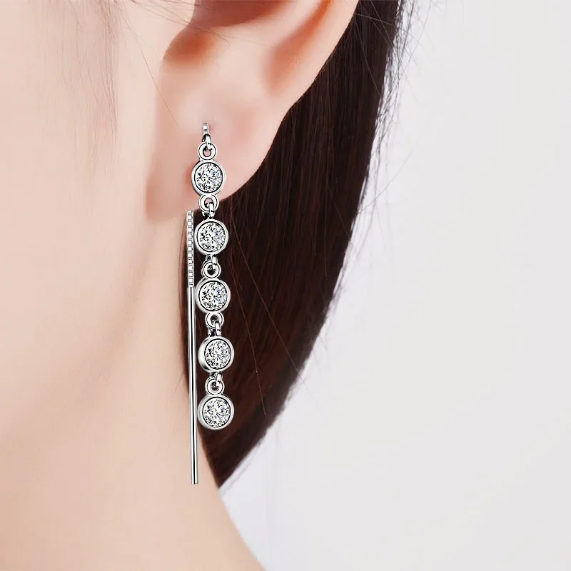 Elegant Long Drop Earrings For Women Round Beads Zirconia Connected Box Chain Dangle Ear Piercing Line Accessories Jewelry Gift
