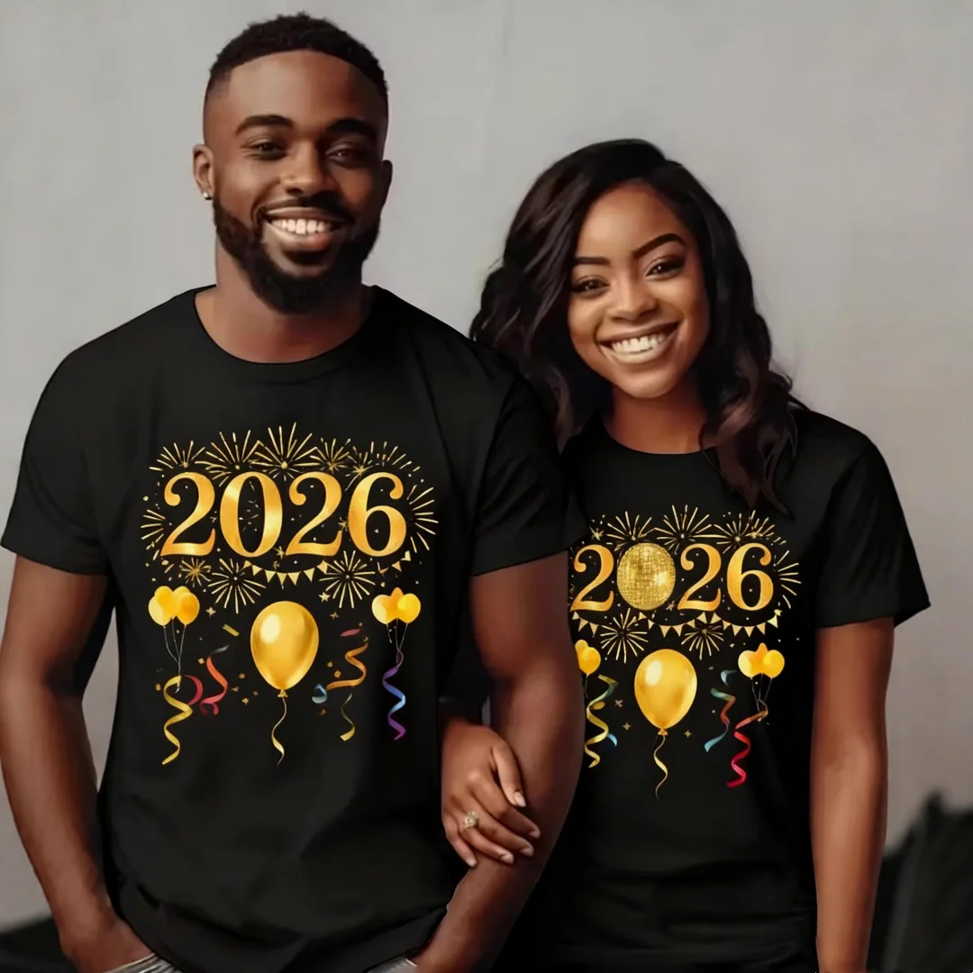 2026 سنة جديدة سعيدة تي شيرت مطبوع موضة جديدة قصيرة الأكمام الاتجاه الشارع الملابس اليومية عادية مستديرة الرقبة القمم مضحك زوجين تيز #5