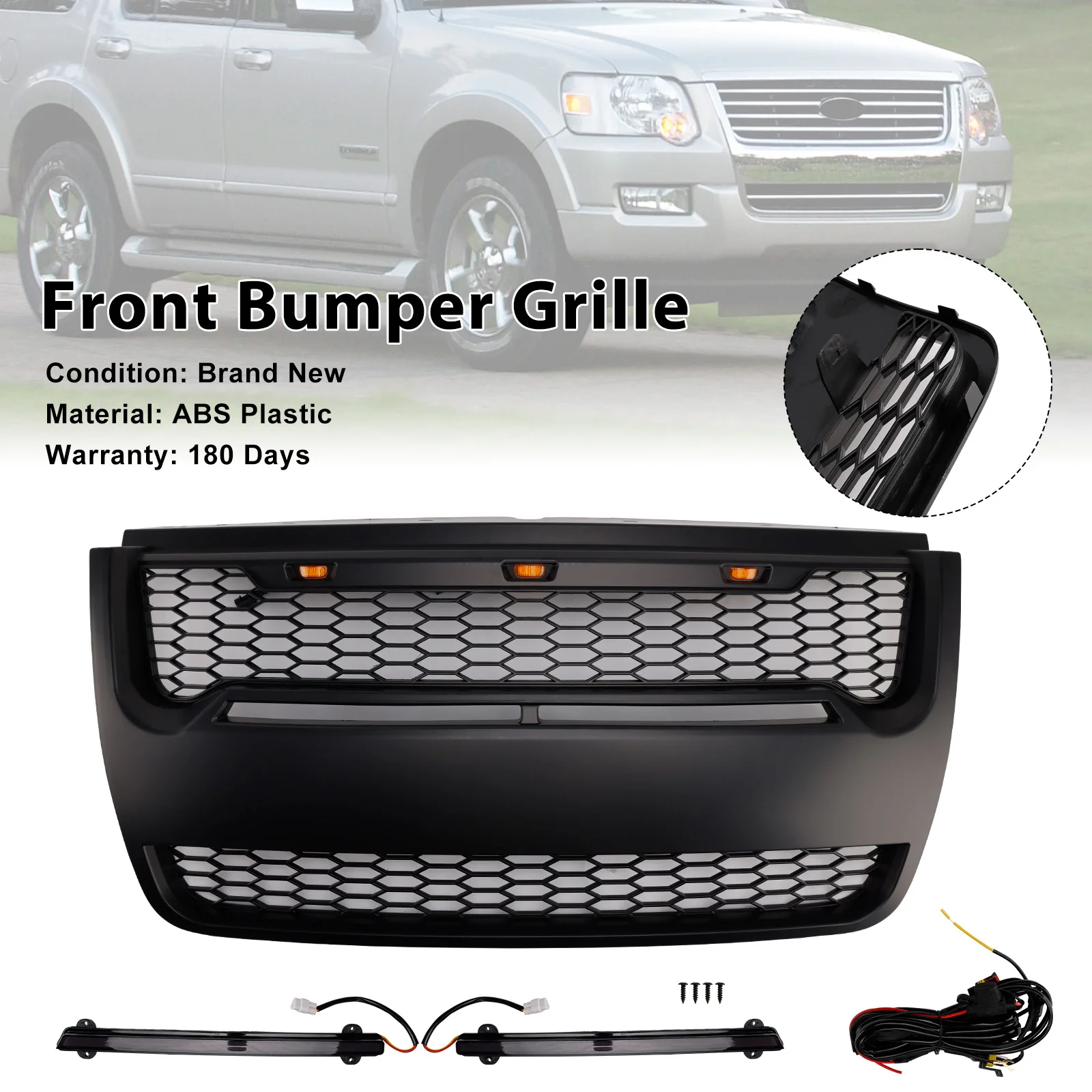 Artudatech Black Front Upper Bumper Grille Grill Fit for Ford Explorer 2006 2007 2008 2009 2010 With Light Car Accessories