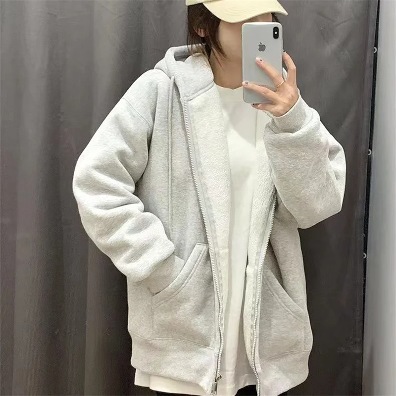 Casual Zip Up Oversized Hoodies for Women Autumn Winter Warm Fleece Thicken Pocket  Hooded Sweatshirt Streetwear Long Sleeve Top