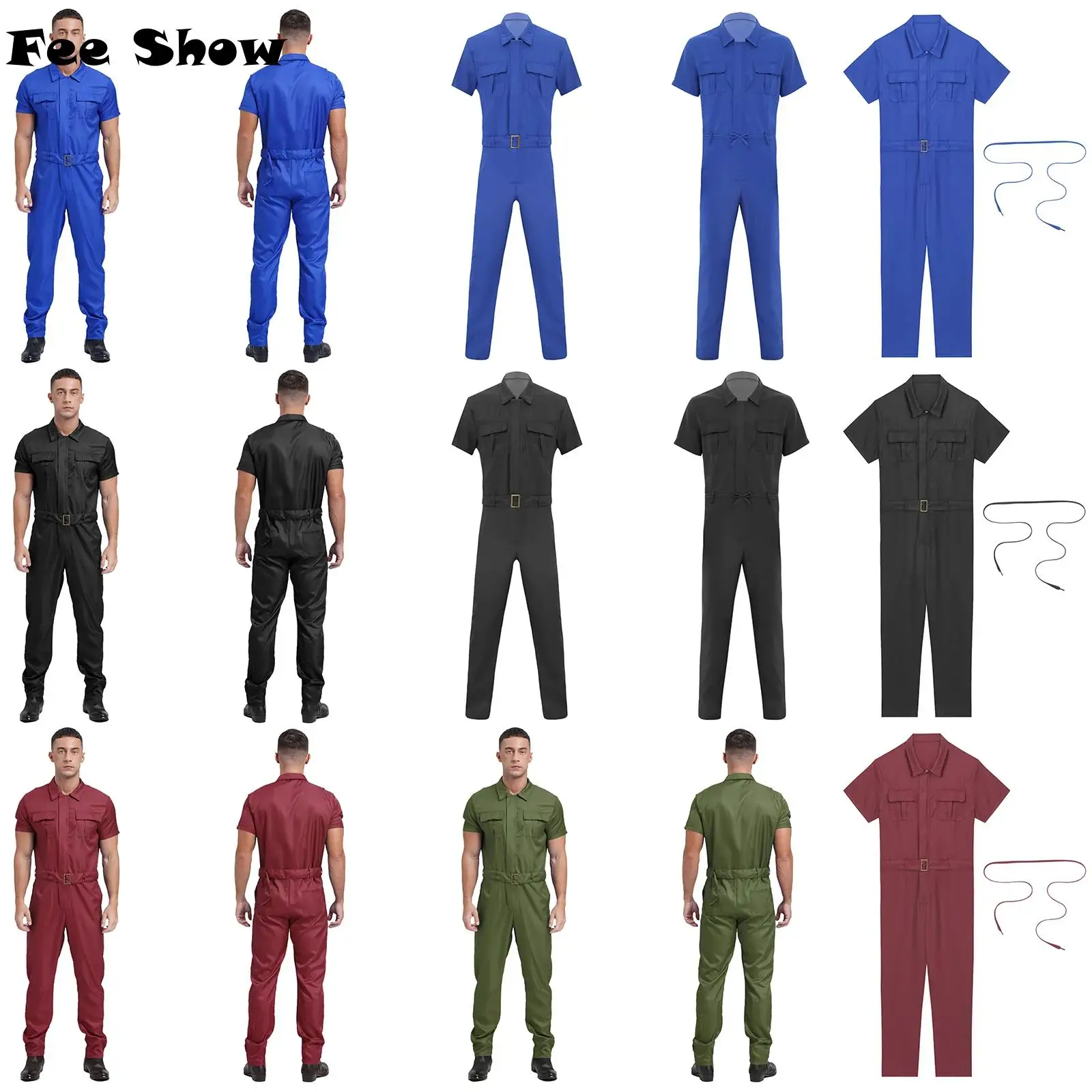 

Mens Workwear Resistant Coverall with Belt Short Sleeve Front Zipper Multiple Pockets Overalls Jumpsuit Dungarees