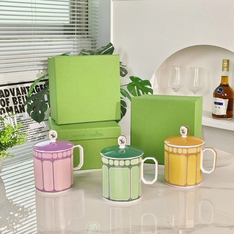 European-Style High-End Light Luxury Macaron Color Bone China Mug Office Home Meeting Lid Cup