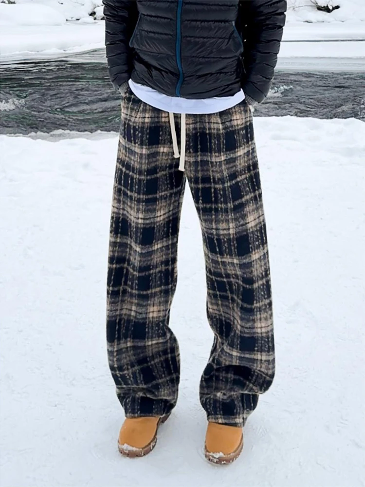 

Мужские брюки в американском ретро-стиле, утепленные, в клетку, осенне-зимние, свободные, прямые, широкие, повседневные, из плотной ткани