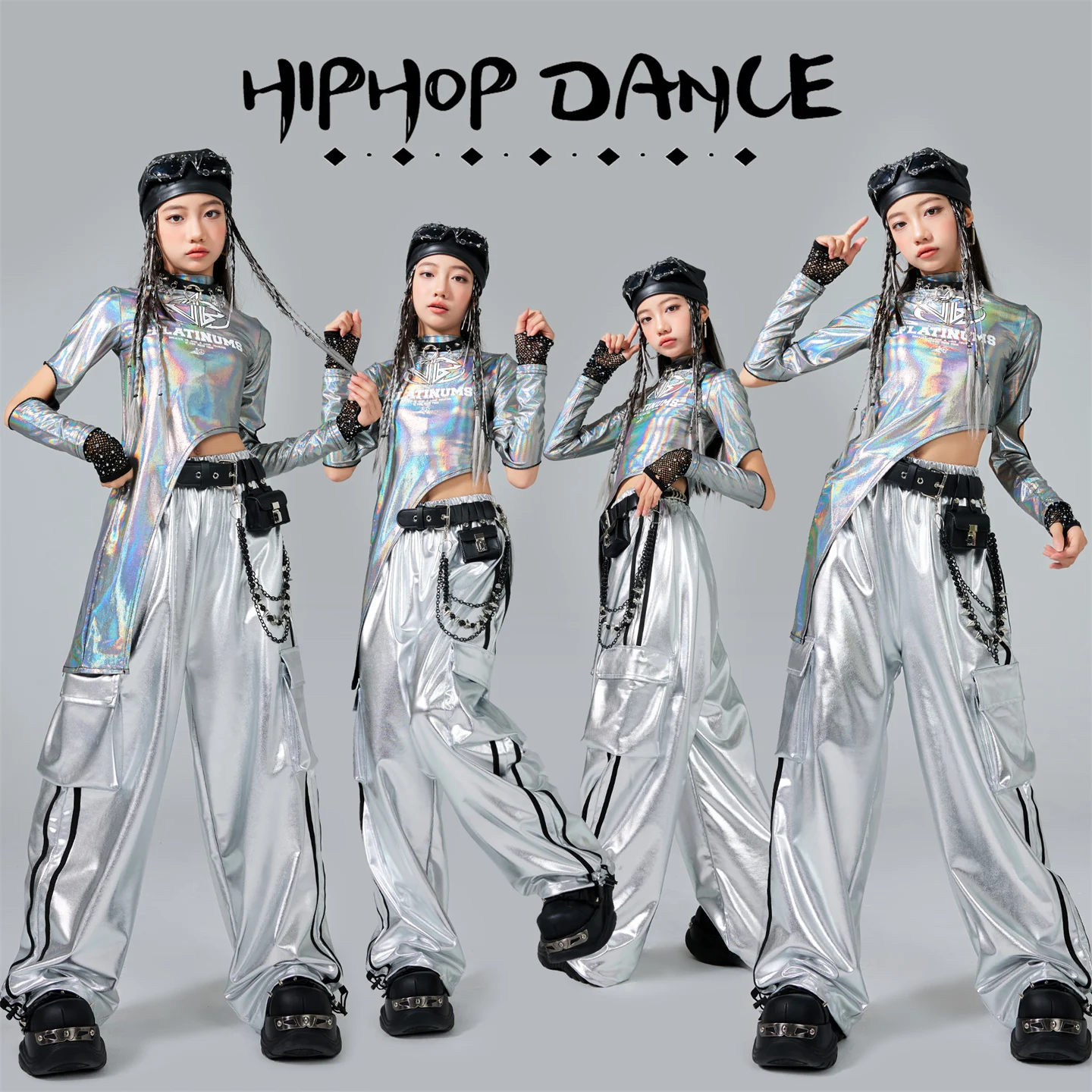 

Silver Laser Top Pants For Girls Hip Hop Clothing Kids Performance Kpop Outfits Children Ballroom Dance Jazz Costume XS10572