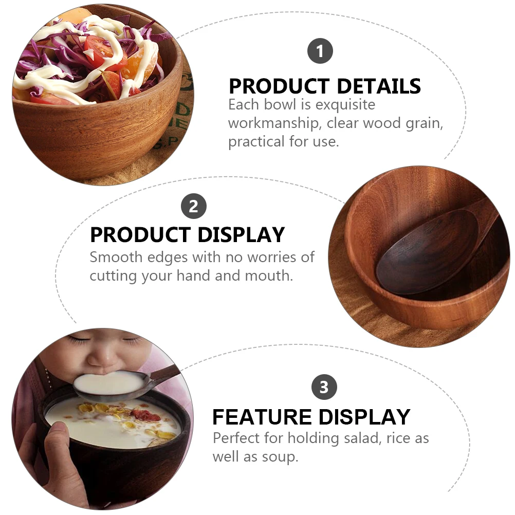 

2Pcs Acacia Wooden Bowl Spoon Set Reusable Salad Rice Soup Kitchen Travel Snacks Food Serving Containers