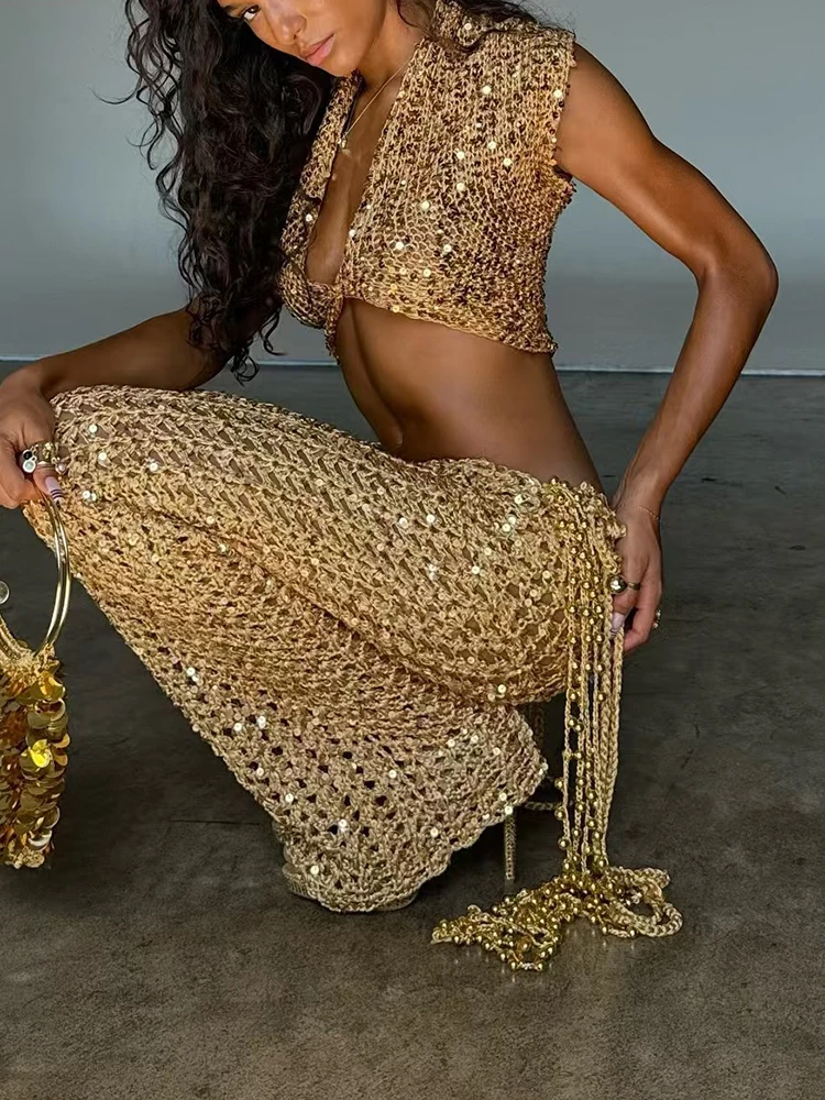 

Сексуальные укороченные топы и брюки с v-образным вырезом и блестками, модные блестящие тонкие наряды для вечеринок, горячая девушка, кружевные полые костюмы из двух предметов с открытой спиной