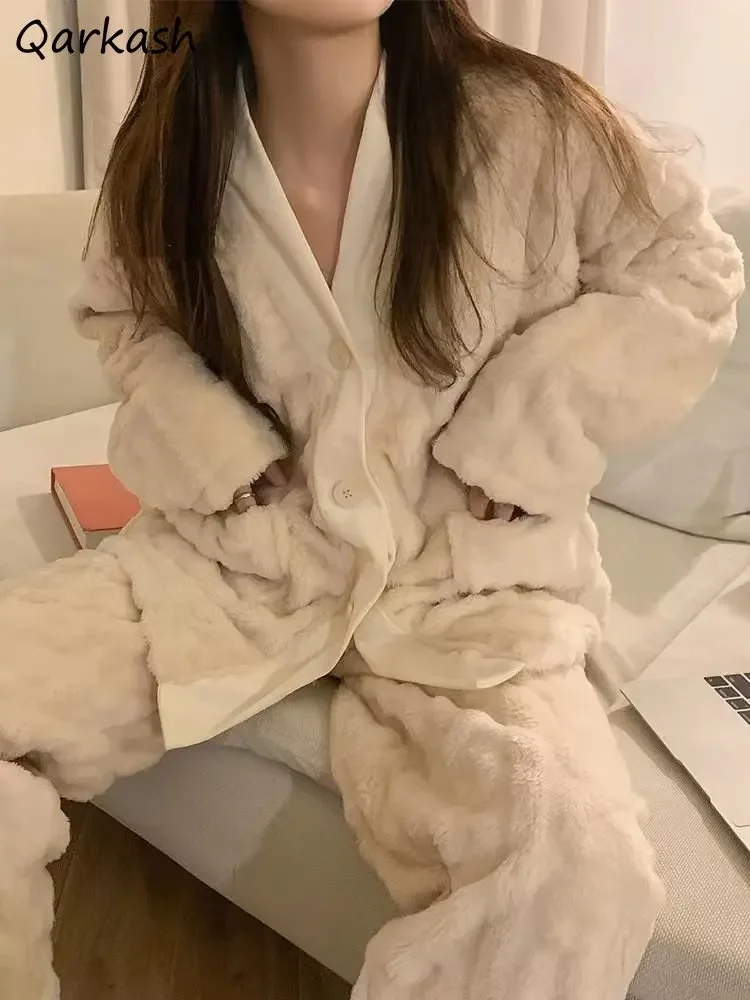 

Пижамные комплекты женские зимние коралловые бархатные теплые домашние комплекты для сна мягкие толстые Ins однотонные с v-образным вырезом в корейском стиле милые милые модные студенческие комплекты