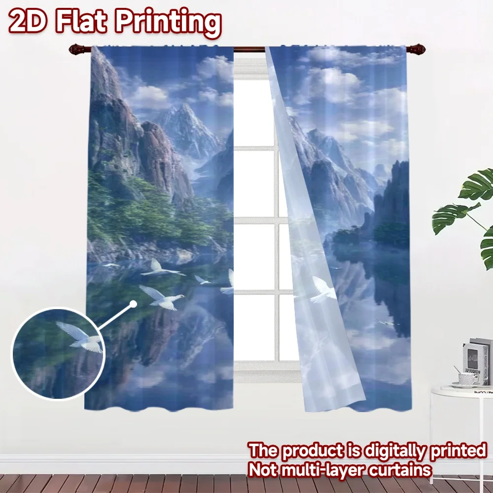 2D flat printing 2pcs Curtain Window Curtains Mountain Lake Reflection(1) Digital Printed Polyester Drapes Festive Wall Decor