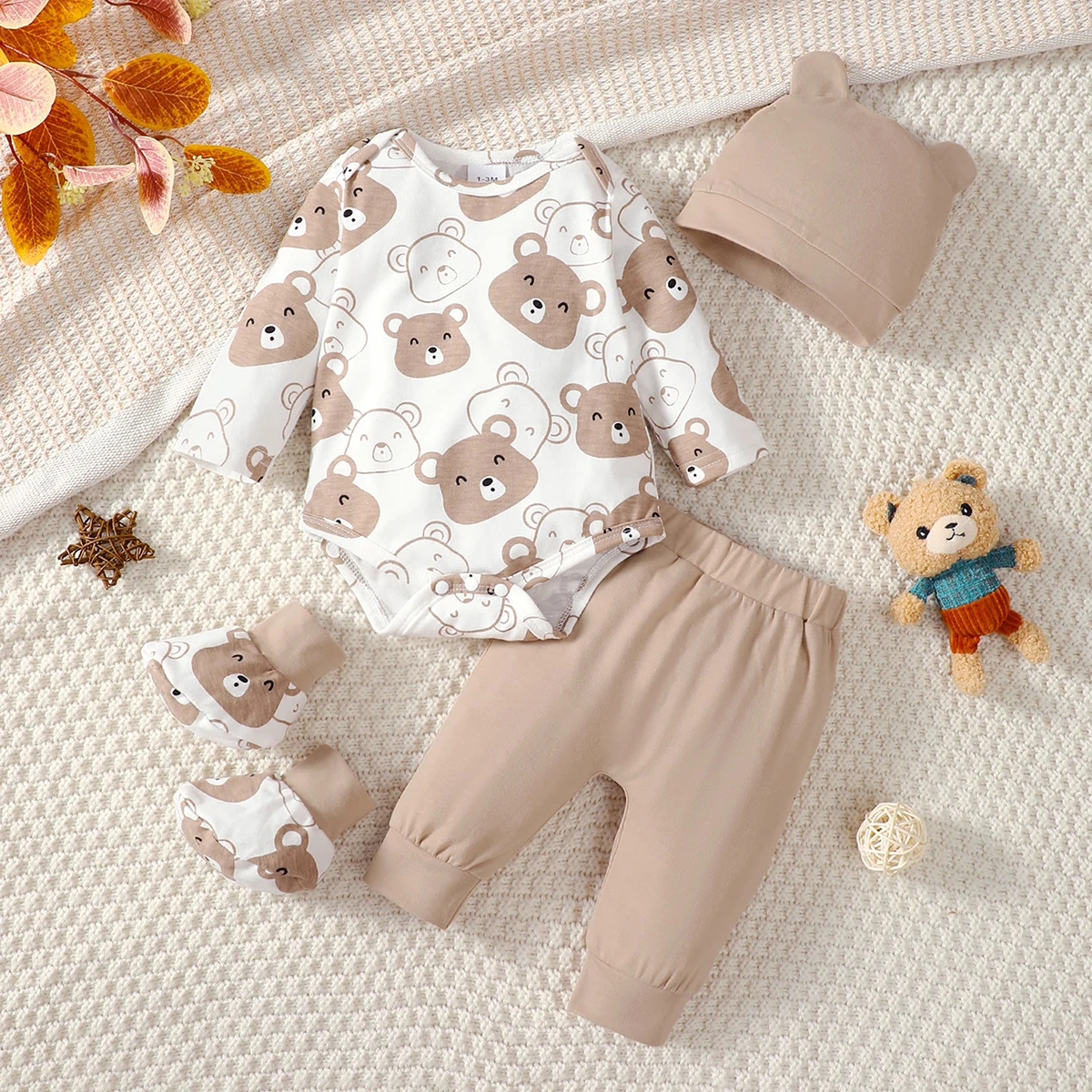 4PCS Clothing Set 0-9 Months Newborn Baby Boy Bear Short Sleeve Romper+Pants+Hat+Sock Infant Baby Full Moon Photography Outfits