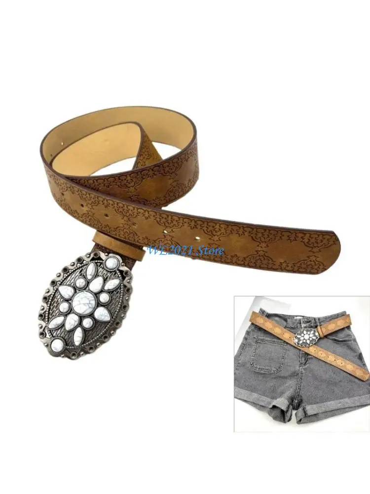 

G5GC Adult Western Waist Belt with Gemstones Buckle Waistband PU Waist Belts for Women Wear Resistant Skirt Waist Belt