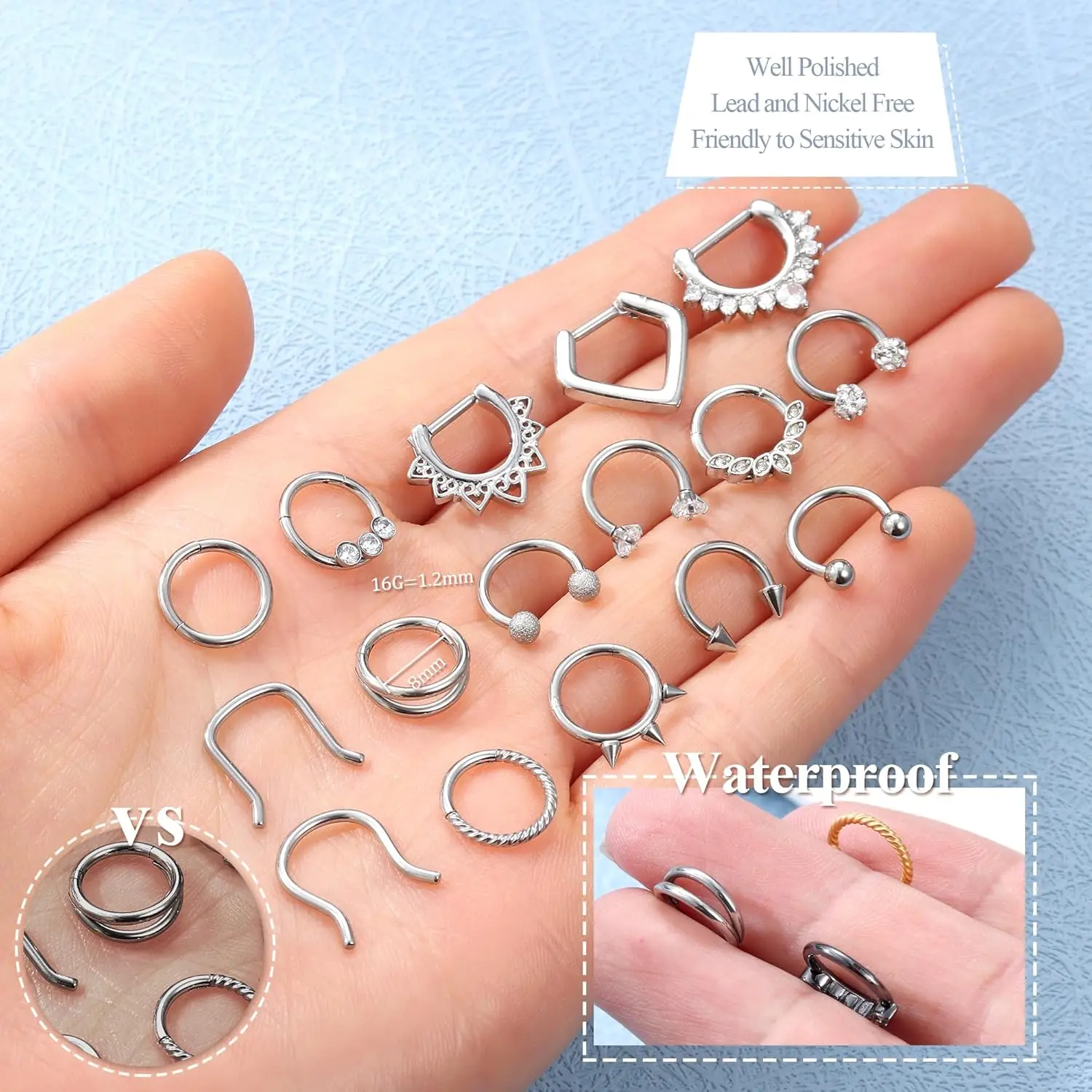 Florideco Hypoallergenic Septum Ring Surgical Steel Clicker Nose Rings Hoop Set Small Lip Cartilage Helix Daith Piercing Jewelry