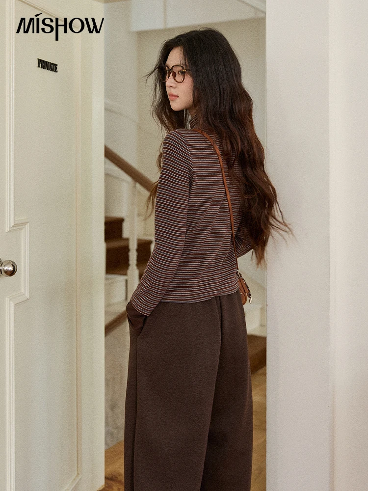 MISHOW الياقة المدورة المرأة متماسكة أعلى 2025 الخريف الرجعية مخطط سليم صالح طويلة الأكمام أعلى لينة الدافئة الكفة الربط البلوز MXE87Z2686 #5