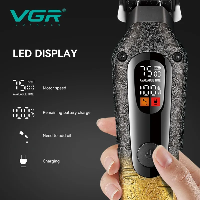 

Hair Clipper Electric LED Display Emboss USB Charging Guide Combs Cutting Timmer Men's Barber Professional Machines VGR V-879T