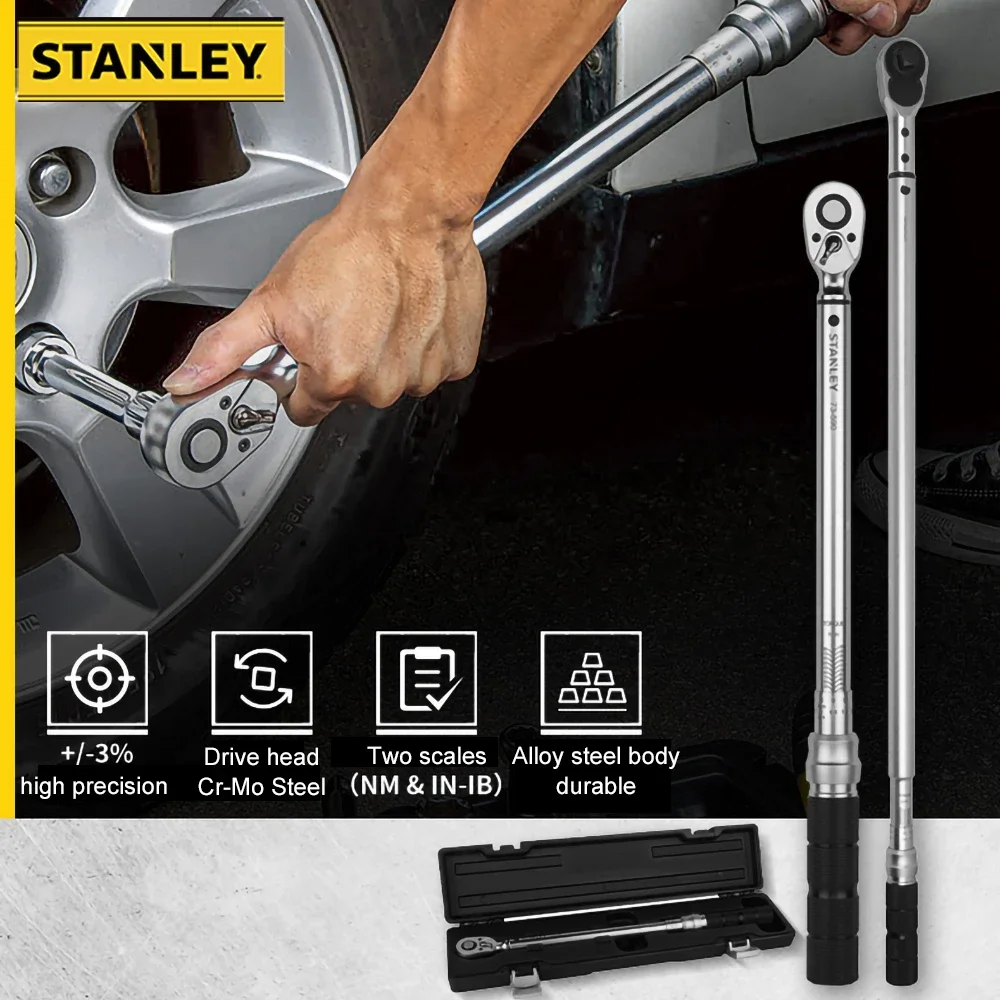 

Stanley 1/4 3/8 and 1/2 Inch Torque Wrench Ratchet Alloy Steel Body +/- 3%AC Two Scales Hand Tool for Mechanic and Car Repair