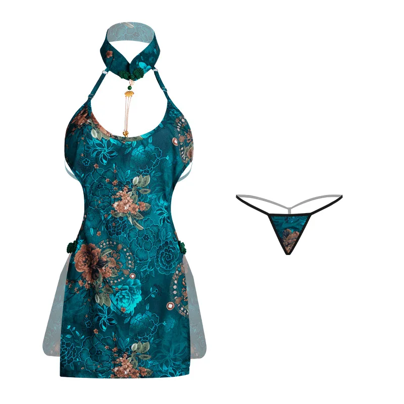 فستان تشيباو مثير الملابس الداخلية المثيرة سبليت بلا أكمام مطبوعة تنورة شيونغسام ملهى ليلي الصينية الرجعية أزياء أنيقة الأخضر #5