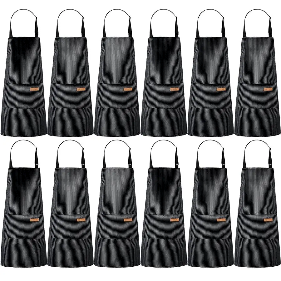 

12 Pcs Cotton Aprons for Women Men with Pockets Soft Adjustable Bib Stripe Aprons for Cooking Kitchen Chef